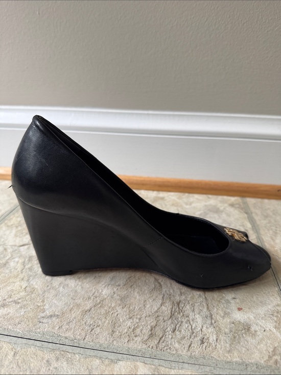Tory Burch Black Leather Peep-Toe Heels with Gold Logo